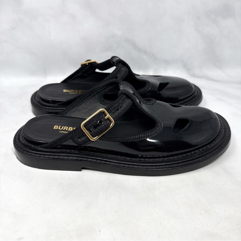 Burberry Alannis T-Bar Mary Jane Patent Leather Slide Mule Clog Shoes Black 36 - Picture 2 of 14